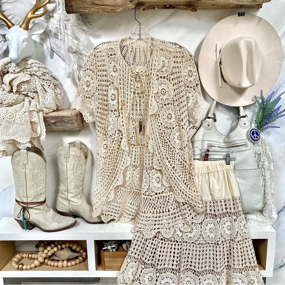 Artisan Crochet set boho lace set skirt/cardi shabby chic prairie Country vibel - Picture 3 of 16